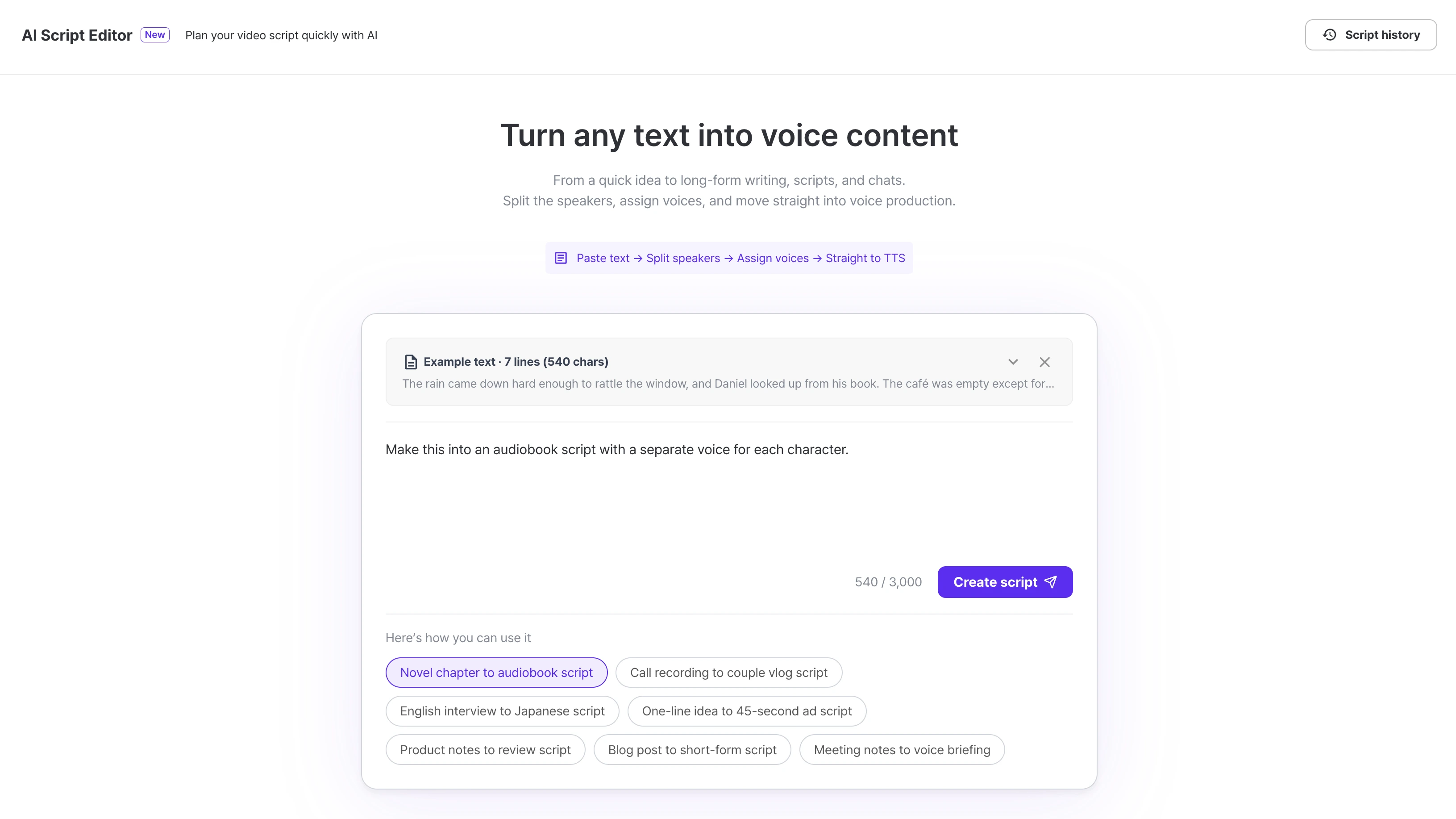 AI Script Editor — turn text into voice content