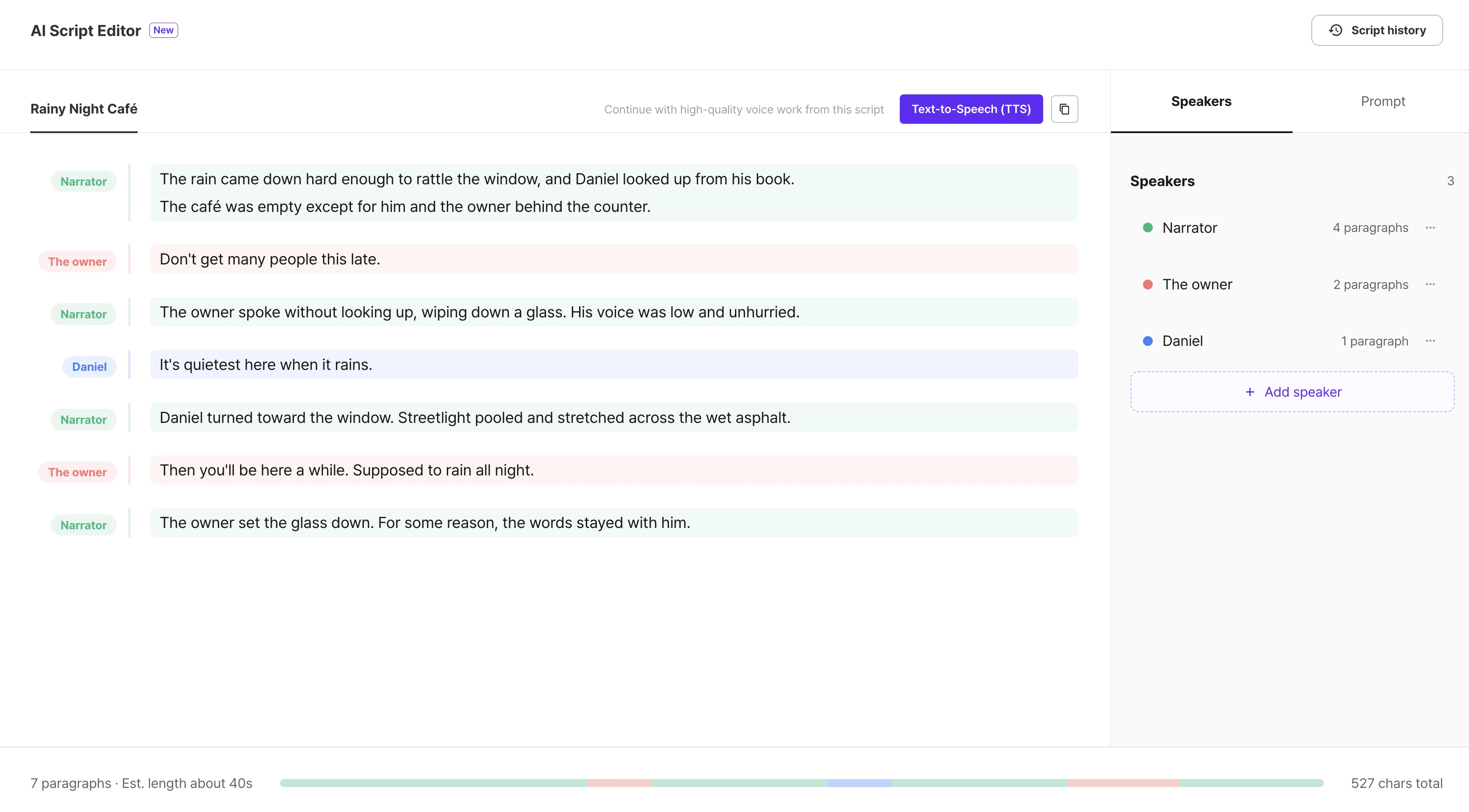 AI Script Editor — script organized by speaker